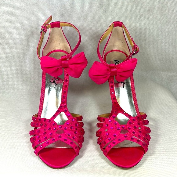 ABS by Allen Schwartz Canary Prom Formal Bow T-Strap Party Heels in Barbie Pink - Picture 4 of 9